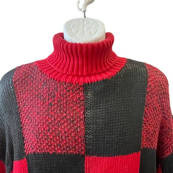 VINTAGE 90s Buffalo Plaid Oversized Turtleneck Tunic Sweater Size Large - Picture 2 of 5
